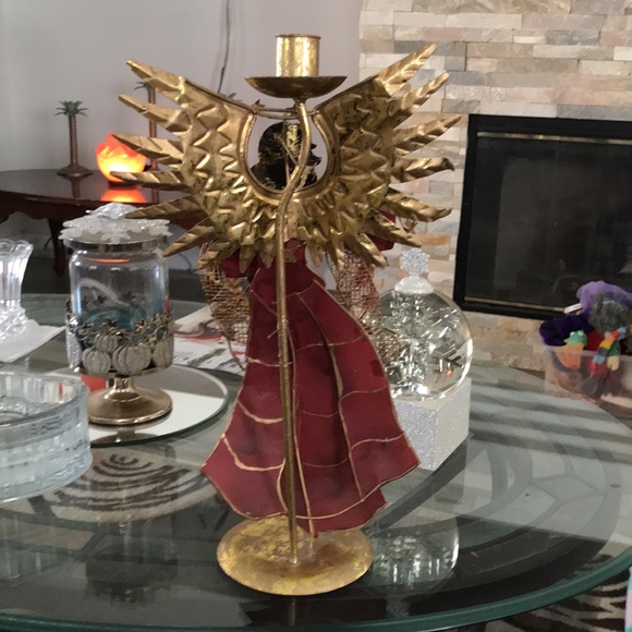 🎄16in GOTHIC ANGEL🎄 CANDLE HOLDER EXCELLENT CONDITION! HAND PAINTED TIN METAL - Picture 4 of 5